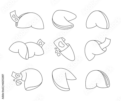 Chinese fortune cookies. Coloring Page. Closed Chinese shortbread with blank paper for message, wishing, surprise. Vector drawing. Collection of design elements.