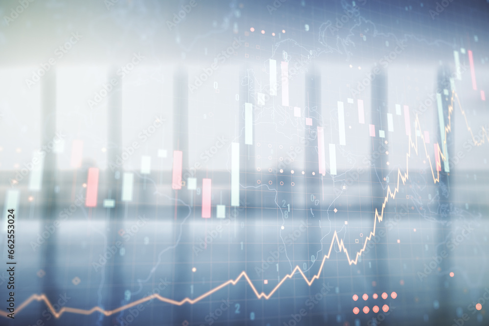 Multi exposure of virtual creative financial graph and world map on empty corporate office background, forex and investment concept Multi exposure of virtual creative financial graph and world map on empty corporate office background, forex and investment concept