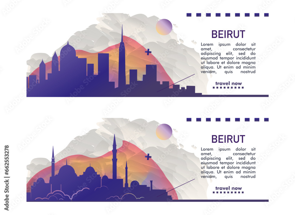 Lebanon Beirut city banner pack with abstract shapes of skyline, cityscape, landmarks and attractions. Middle East region town travel vector illustration set for brochure, website, page, presentation
