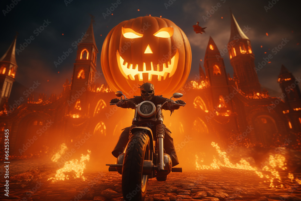 halloween pumpkin on a motorcycle