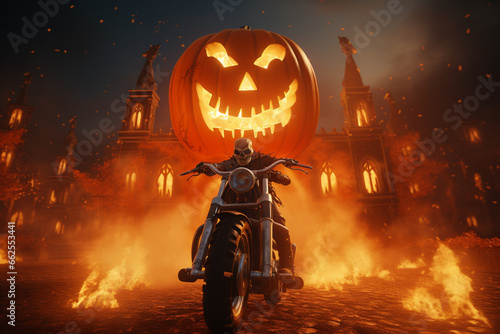 halloween pumpkin on a motorcycle photo