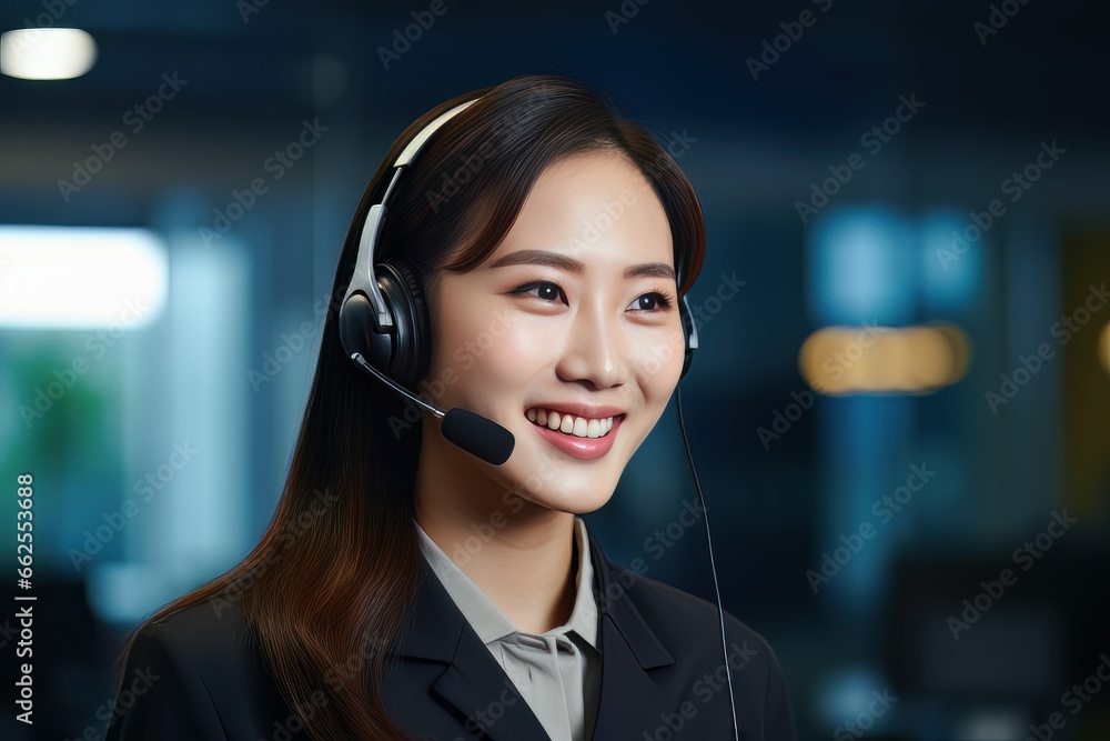 Portrait of a Beautiful Asian Customer Service Operator, Call Center Worker Talking Through Headset with Customer in Modern Office. Portrait of a Beautiful Asian Customer Service Operator, Call Center Worker Talking Through Headset with Customer in Modern Office.