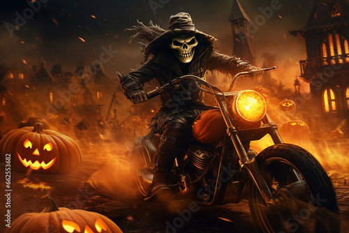 halloween witch with a pumpkin and a motorbike