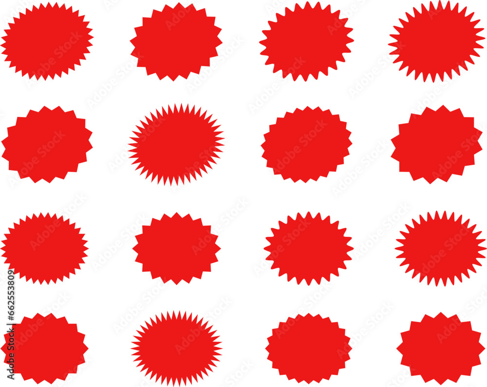 Fototapeta premium Starburst red sticker set - collection of special offer sale oval and round shaped sunburst labels and badges. Promo stickers with star edges. Vector.