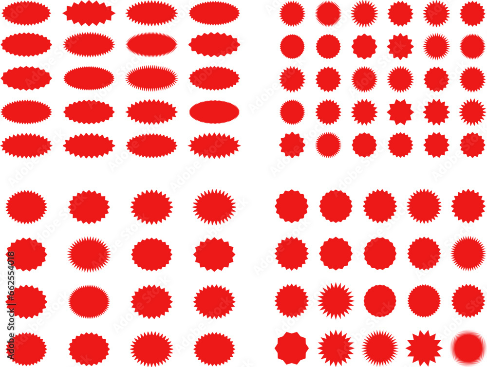 Starburst red sticker set - collection of special offer sale oval and round shaped sunburst labels and badges. Promo stickers with star edges. Vector. - obrazy, fototapety, plakaty 