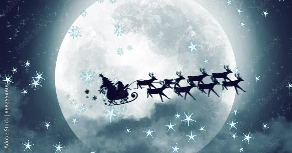 Animation of snowflakes, santa claus riding reindeers sleigh over mountains and trees against moon Animation of snowflakes, santa claus riding reindeers sleigh over mountains and trees against moon