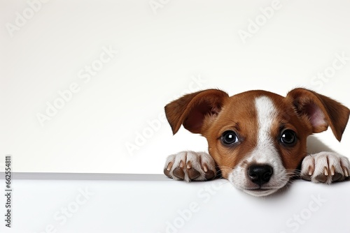 A brown and white puppy dog curiously gazing over a wall, set against a white background. Photorealistic illustration © DIMENSIONS