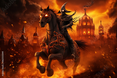 Halloween concept dead knight riding horse in the fire