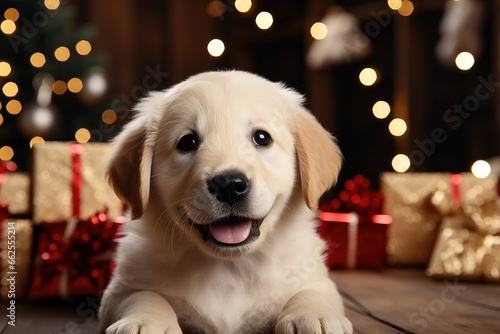 A joyful and energetic puppy in a festive scene, surrounded by colorful presents and twinkling holiday lights. Photorealistic illustration