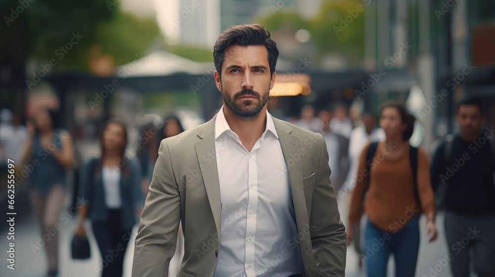 Stylish Latin Businessman Walking in Modern City, Handsome Manager Walks on a Crowded Pedestrian Street, Confident Male on Busy Street. Stylish Latin Businessman Walking in Modern City, Handsome Manager Walks on a Crowded Pedestrian Street, Confident Male on Busy Street.
