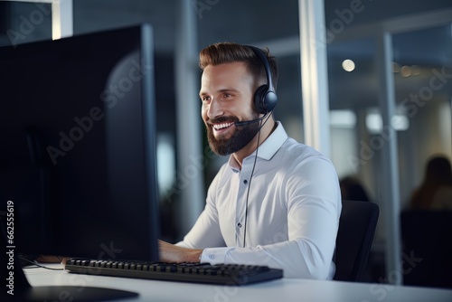 Portrait of a Handsome European Man Customer Service Operator, Call Center Worker Talking Through Headset with Customer in Modern Office.