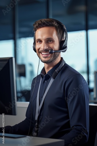 Portrait of a Handsome European Man Customer Service Operator, Call Center Worker Talking Through Headset with Customer in Modern Office.