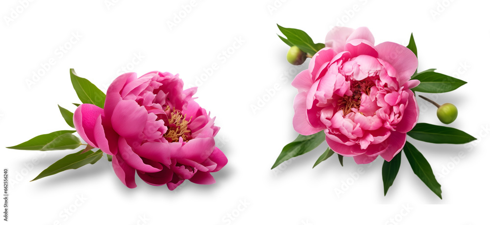 Pink peony flowers isolated on transparent background. Top view.
