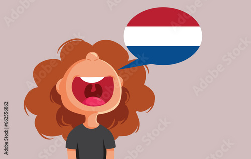 Little Girl Speaking Dutch Vector Cartoon Illustration. Student learning new foreign language at school 
