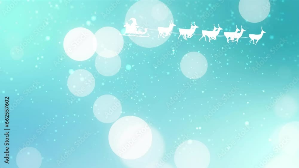 Animation of santa claus in sleigh pulled by reindeers against spots of light on blue background Animation of santa claus in sleigh pulled by reindeers against spots of light on blue background