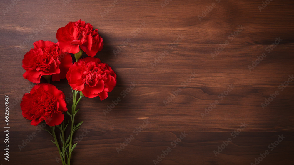 Carnation Flower on Wood Background with Copy Space