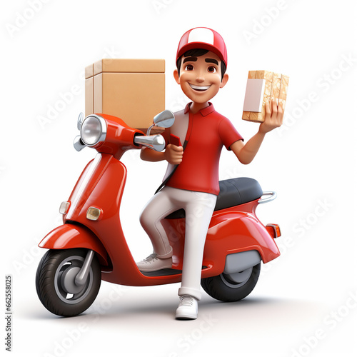 3d rendering, man delivering package by scoter photo