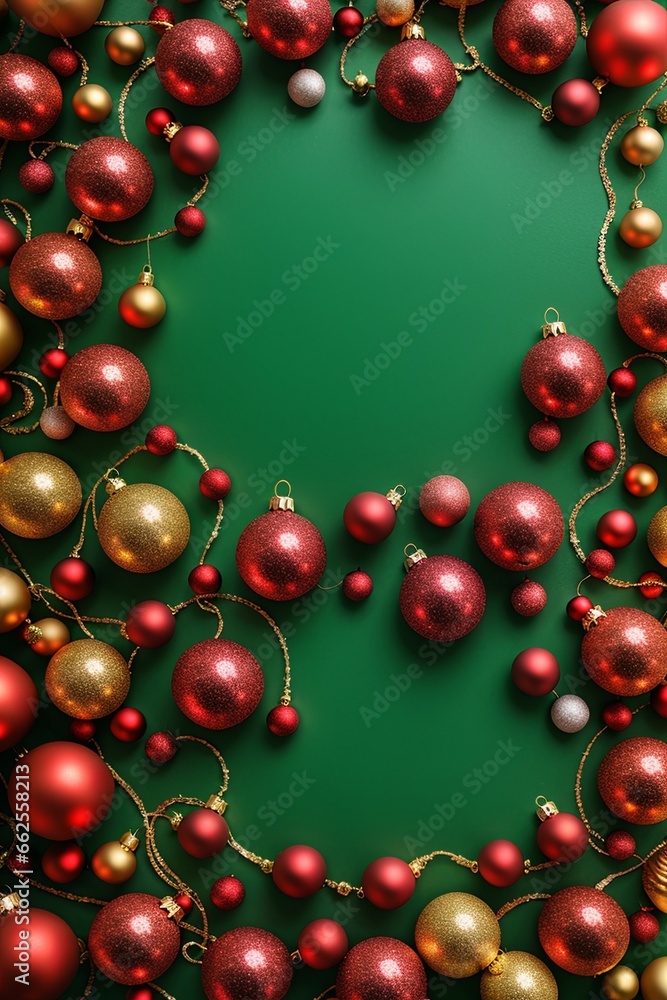 A festive Christmas wreath is decorated with a variety of red, gold, and green ornaments. The wreath is made of pine branches and has a green background. A festive Christmas wreath is decorated with a variety of red, gold, and green ornaments. The wreath is made of pine branches and has a green background.