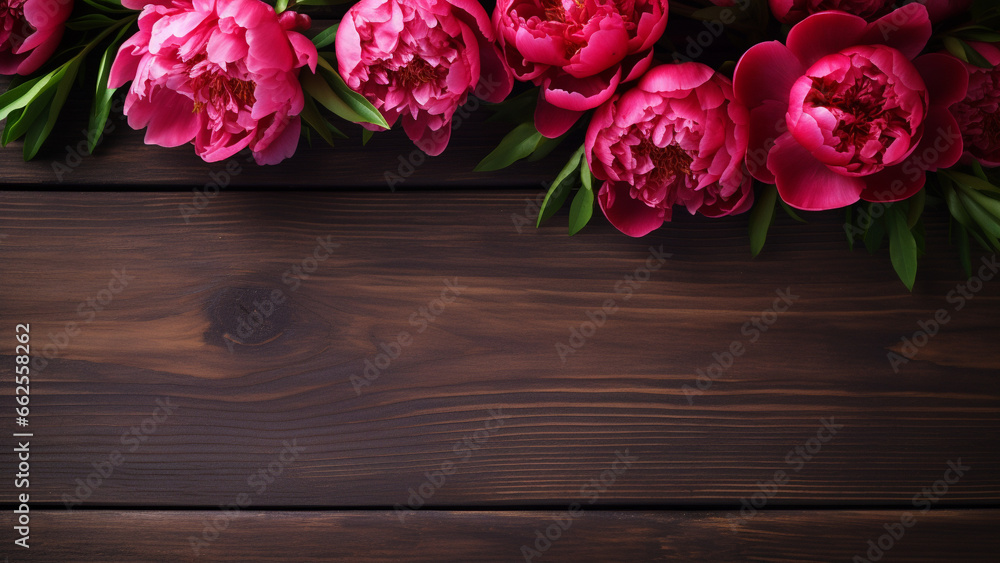 Peony Flower on Wooden Background with Copy Space