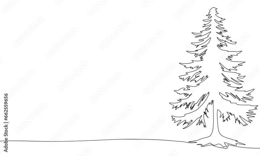 Pine tree one line continuous. Line art banner with fir tree. Winter banner concept outline. Vector illustration. Pine tree one line continuous. Line art banner with fir tree. Winter banner concept outline. Vector illustration.