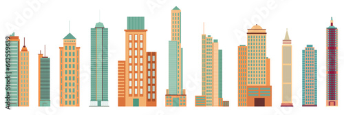 Collection of skyscrapers isolated on white background. Set of skyscrapers in flat style. Vector illustraiton.
