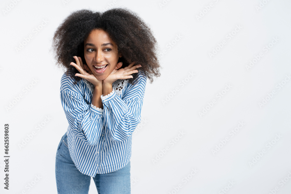 Fashion african american woman with curly hair looking away isolated on white background Fashion african american woman with curly hair looking away isolated on white background