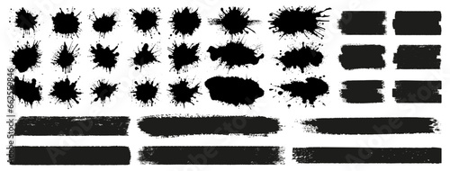 Set of paint splashes, brush strokes and construction rollers. Stains of splattered paint with smudges. Set of vector elements isolated on transparent background.