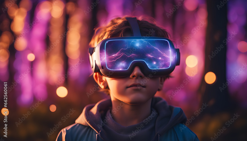 Caucasian child enjoys futuristic VR adventure in nature generated AI Caucasian child enjoys futuristic VR adventure in nature generated AI