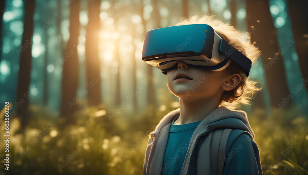 Caucasian child enjoys futuristic VR adventure in nature generated AI Caucasian child enjoys futuristic VR adventure in nature generated AI