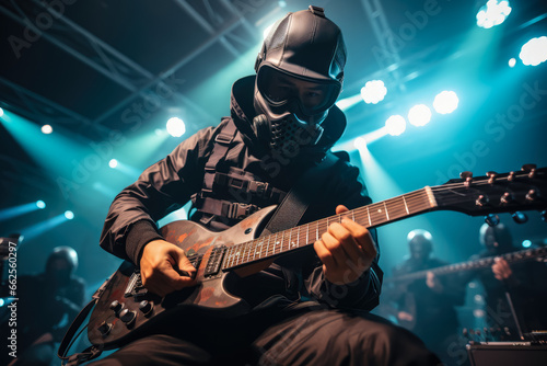 Vocalist of a popular rock band wearing a face mask on stage at a concert