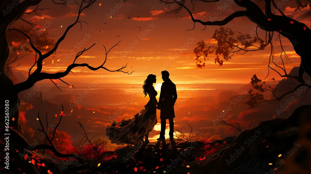 Silhouette of a couple of newlyweds in love at sunset against the background of a river, the concept of wedding and love - obrazy, fototapety, plakaty 