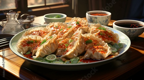 Delicious gyoza of Chinese Japanese and Korean cuisine, one of the types of dumplings on a plate