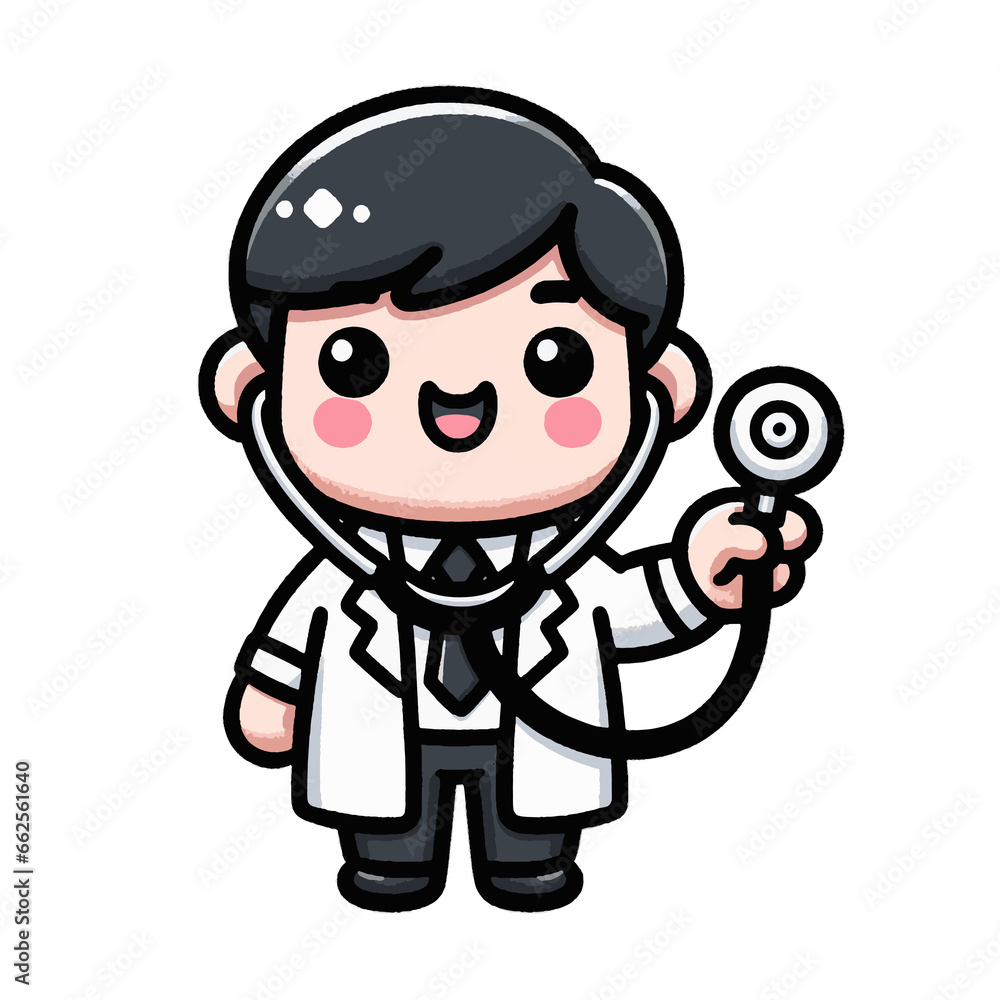 Vector of a cartoonish doctor with bold outlines, holding a stethoscope, displaying a cheerful face and clad in a white coat, on a transparent background (PNG).