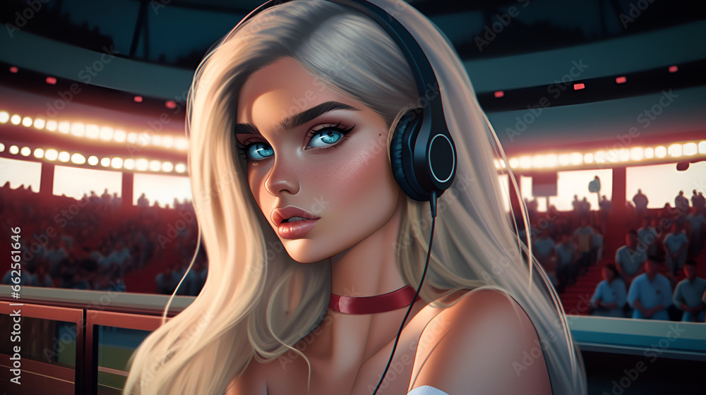 Young blonde cheerleader wearing headphones in front of crowd at a stadium Young blonde cheerleader wearing headphones in front of crowd at a stadium