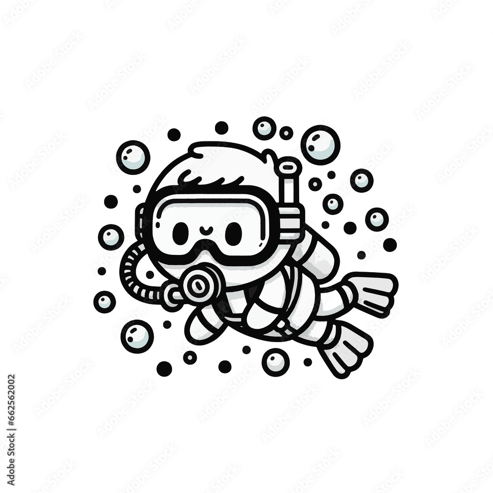 Vector of a cartoonish diver with bold outlines, navigating underwater with scuba gear amidst bubbles, on a transparent background (PNG)