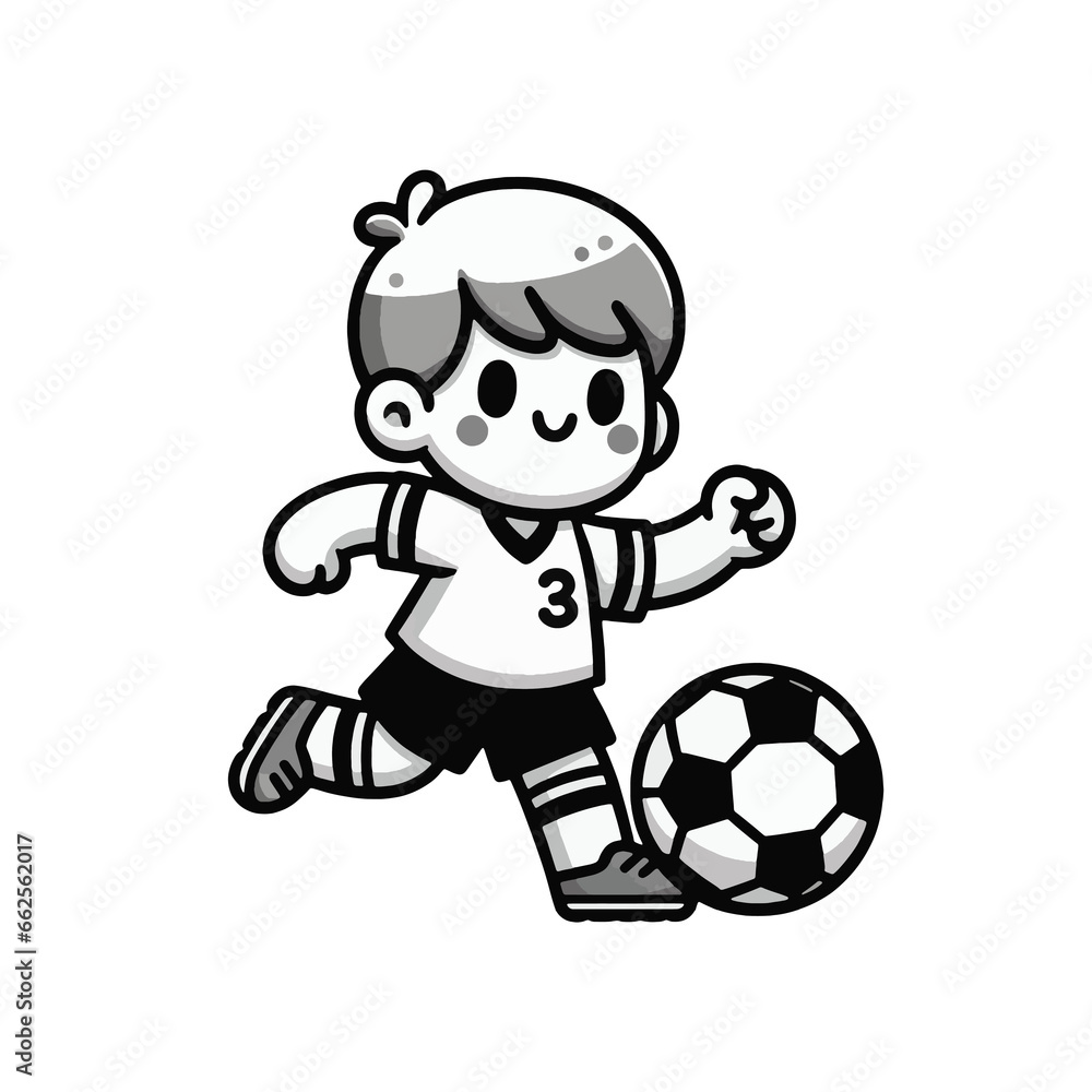 Vector of a cartoonish soccer player with bold outlines, poised to kick a ball, in classic jersey and shorts, on a transparent background (PNG).