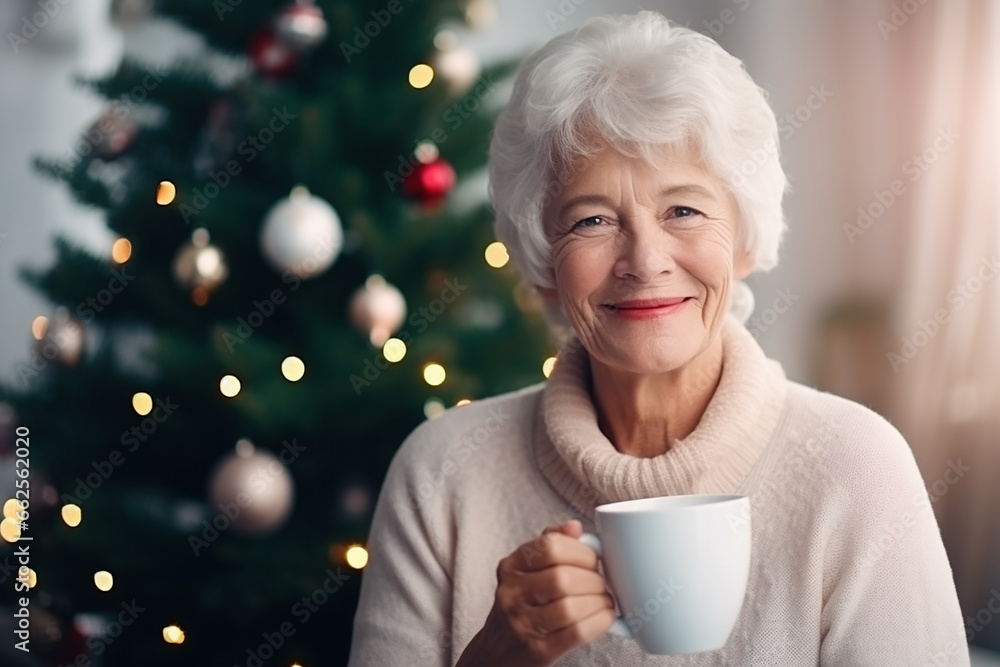 An elderly woman 60 years old with white gray hair in a white turtleneck, holding a mug of coffee or tea in her hands, with a Christmas tree in the background An elderly woman 60 years old with white gray hair in a white turtleneck, holding a mug of coffee or tea in her hands, with a Christmas tree in the background