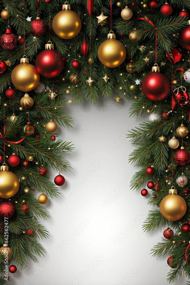 A beautiful red and gold Christmas wreath is adorned with white flowers and green pine branches, set against a pure white background. A beautiful red and gold Christmas wreath is adorned with white flowers and green pine branches, set against a pure white background.