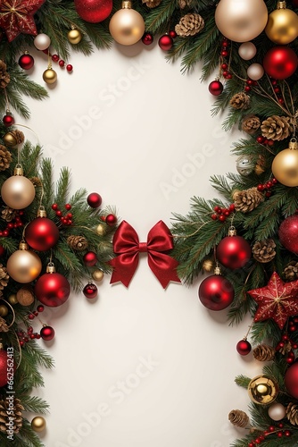 A beautiful red and gold Christmas wreath is adorned with white flowers and green pine branches  set against a pure white background.
