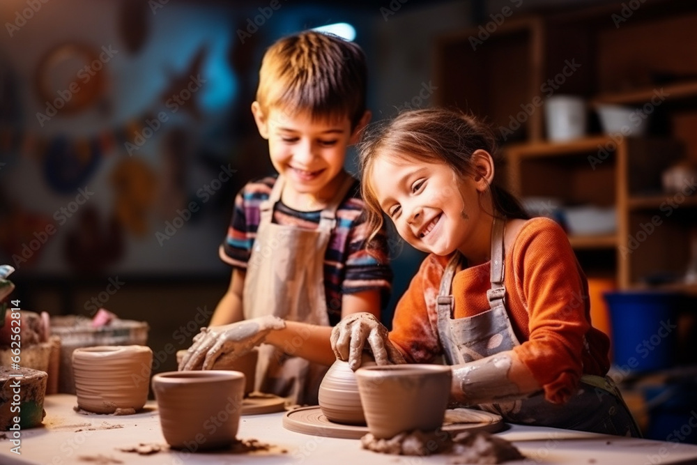 Creative activity for young children in school. Learning pottery. Generative AI Creative activity for young children in school. Learning pottery. Generative AI