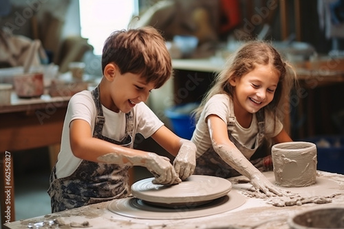 Creative activity for young children in school. Learning pottery. Generative AI