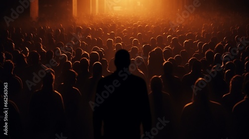 Concept of political states of mind, psychology of people, and media. Illustration in abstract form of crowd control. Standing among the silhouettes of other people is a dark figure. photo