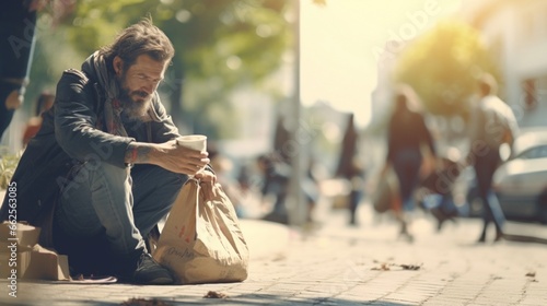 Closeup of men giving money to poor or homeless people poverty beggar in the city sitting on the streets with a sign for help full ultra HD, High resolution