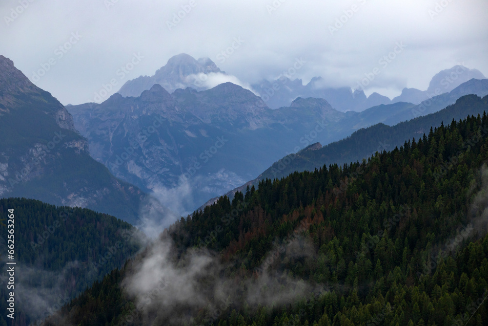 Dolomites natural landcape in fog in North Italy Dolomites natural landcape in fog in North Italy