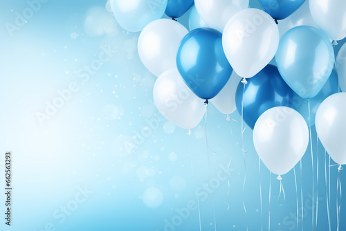 blaue und weiße Ballons mit Platz für Text. Querformat. Generative Ai.