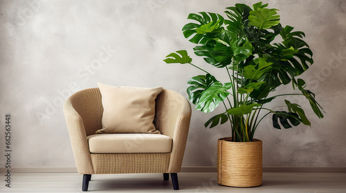 Cozy barrel chair between green houseplants near