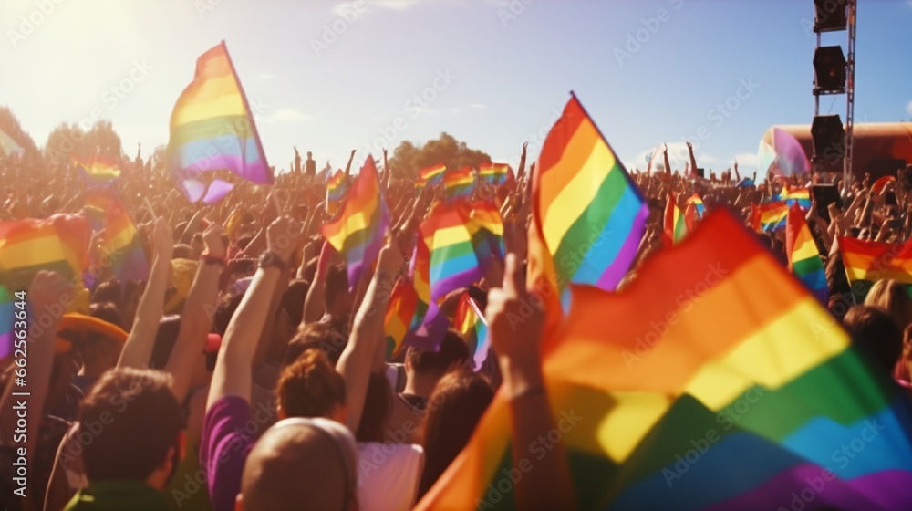 Crowd raising and holding rainbow gay flags during a Gay Pride. Trans flags can be seen as well in the background. The rainbow flag is one of the symbols of the LGBTQ community