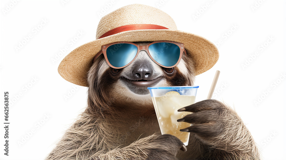Happy and smiling sloth wearing summer hat and style 