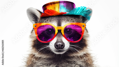 Funny party raccoon wearing colorful summer hat   