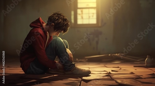 Cute teenager boy suffering bullying from friends. Sad guy sitting on floor